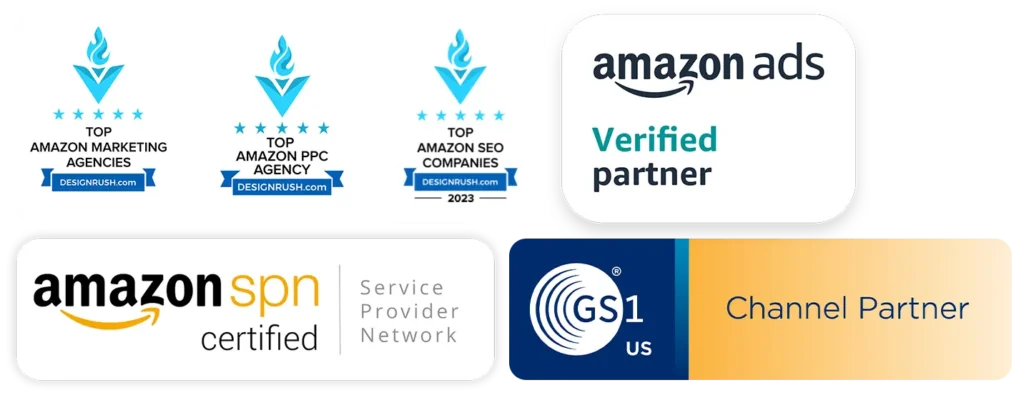 Amazon agency accreditation badges including DesignRush, Amazon Ads Partner, Amazon SPN, and GS1 US