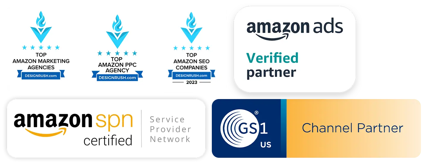 Amazon agency accreditation badges including DesignRush, Amazon Ads Partner, Amazon SPN, and GS1 US