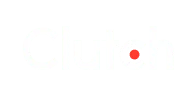 Clutch white logo with red dot on dark background