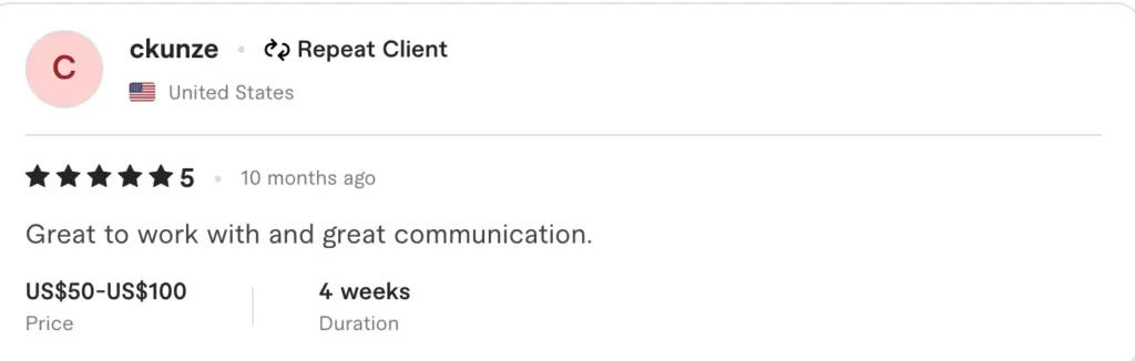 5-star client review testimonial praising communication from US repeat client