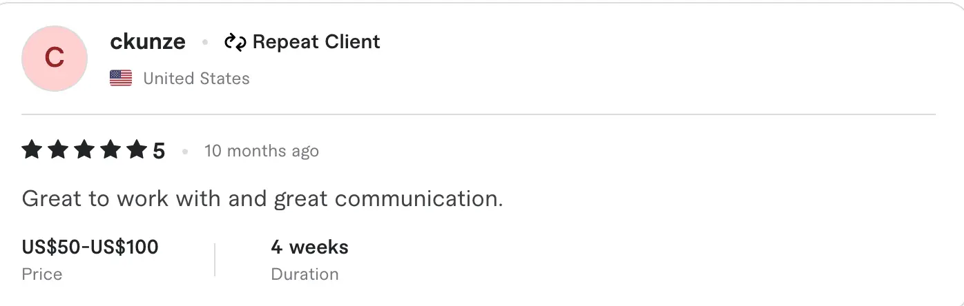 5-star client review testimonial praising communication from US repeat client