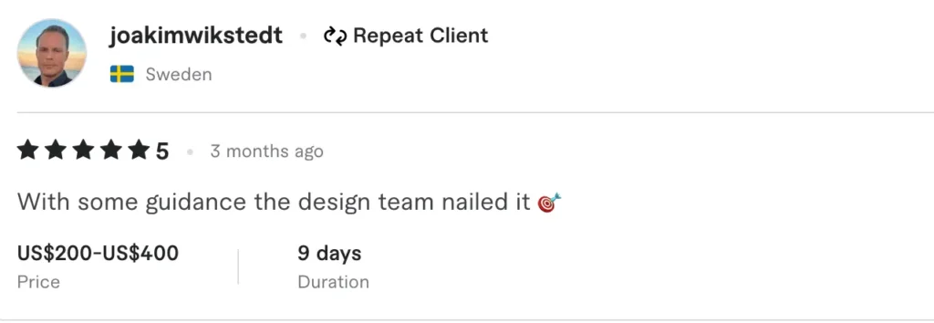 5-star design review testimonial from repeat client in Sweden
