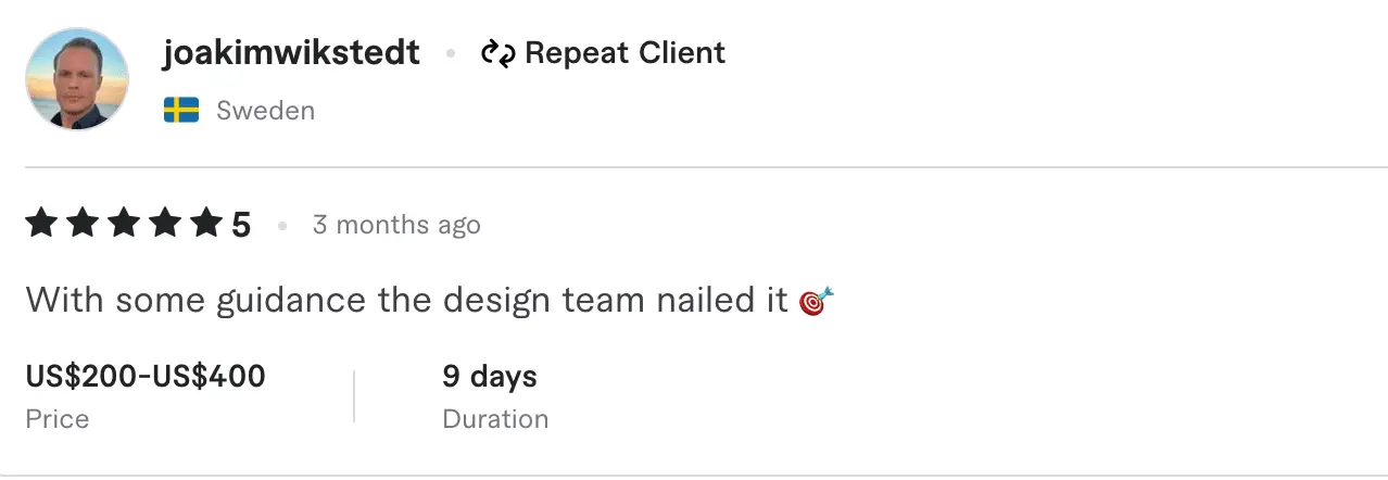 5-star design review testimonial from repeat client in Sweden