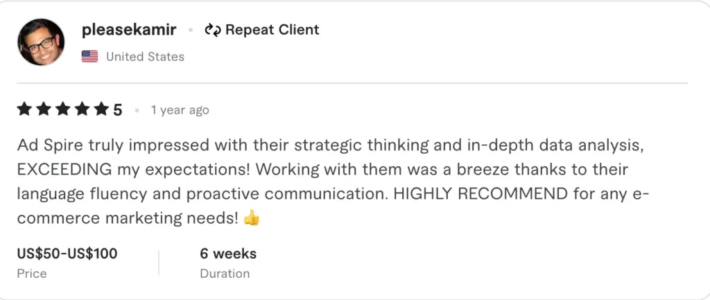 5-star e-commerce review testimonial praising strategic data analysis from US repeat client