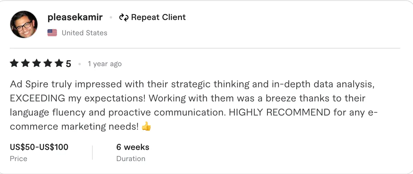 5-star e-commerce review testimonial praising strategic data analysis from US repeat client