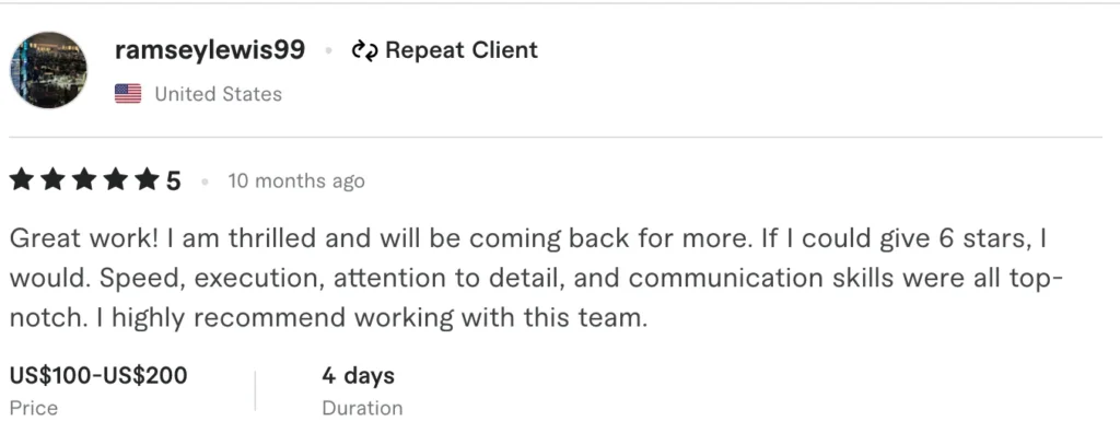 5-star client review testimonial praising speed and execution from US repeat client