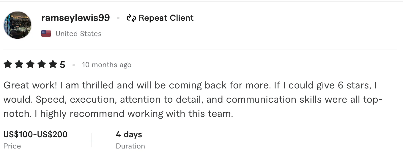 5-star client review testimonial praising speed and execution from US repeat client