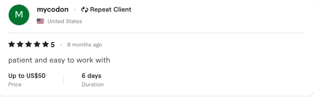 5-star client review testimonial highlighting patient and easy collaboration