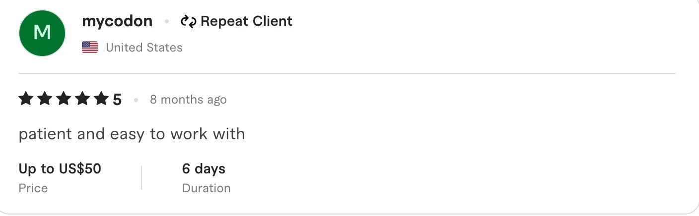 5-star client review testimonial highlighting patient and easy collaboration