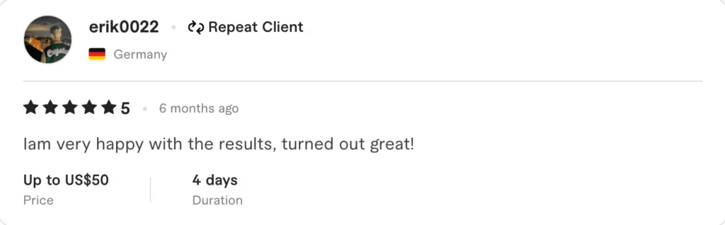 5-star client review testimonial from repeat client in Germany