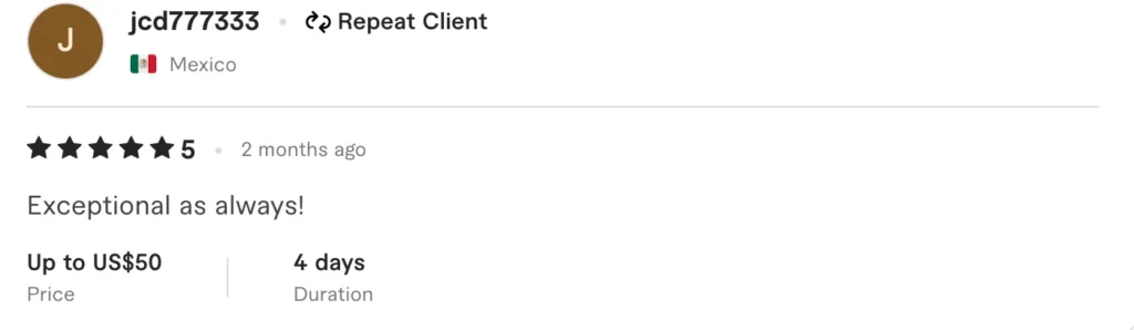 5-star client review testimonial from repeat client in Mexico