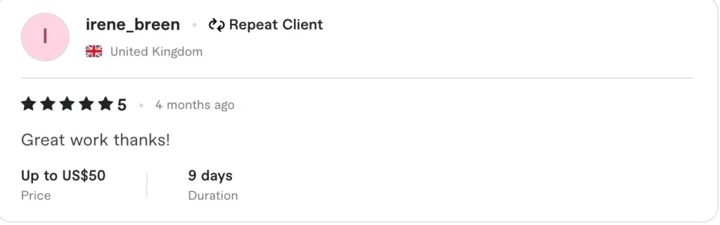 5-star client review testimonial from repeat client in United Kingdom