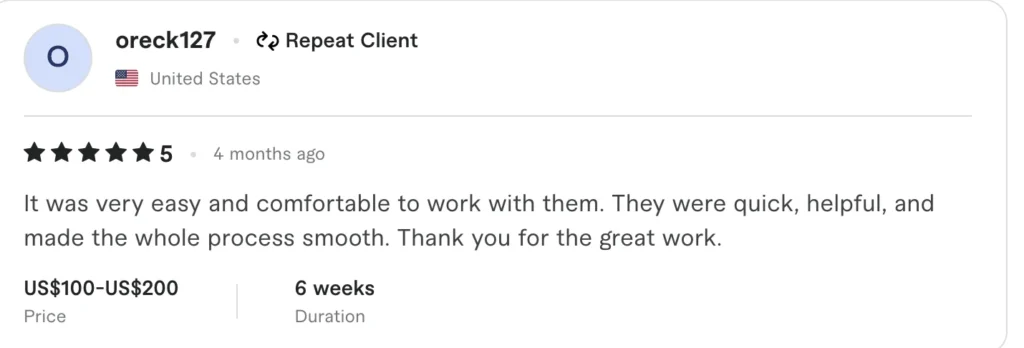 5-star client review testimonial praising quick and smooth workflow