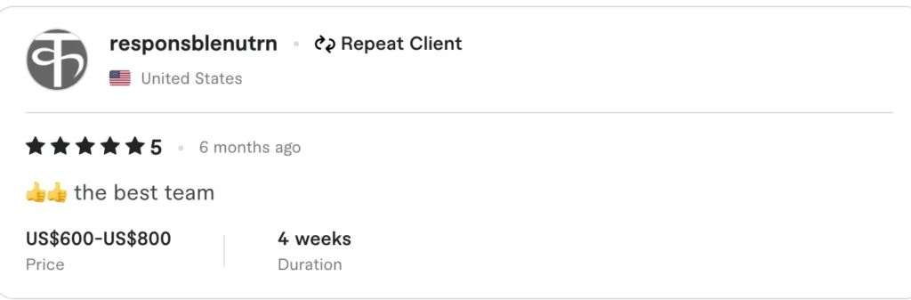 5-star client review testimonial praising team performance from US repeat client