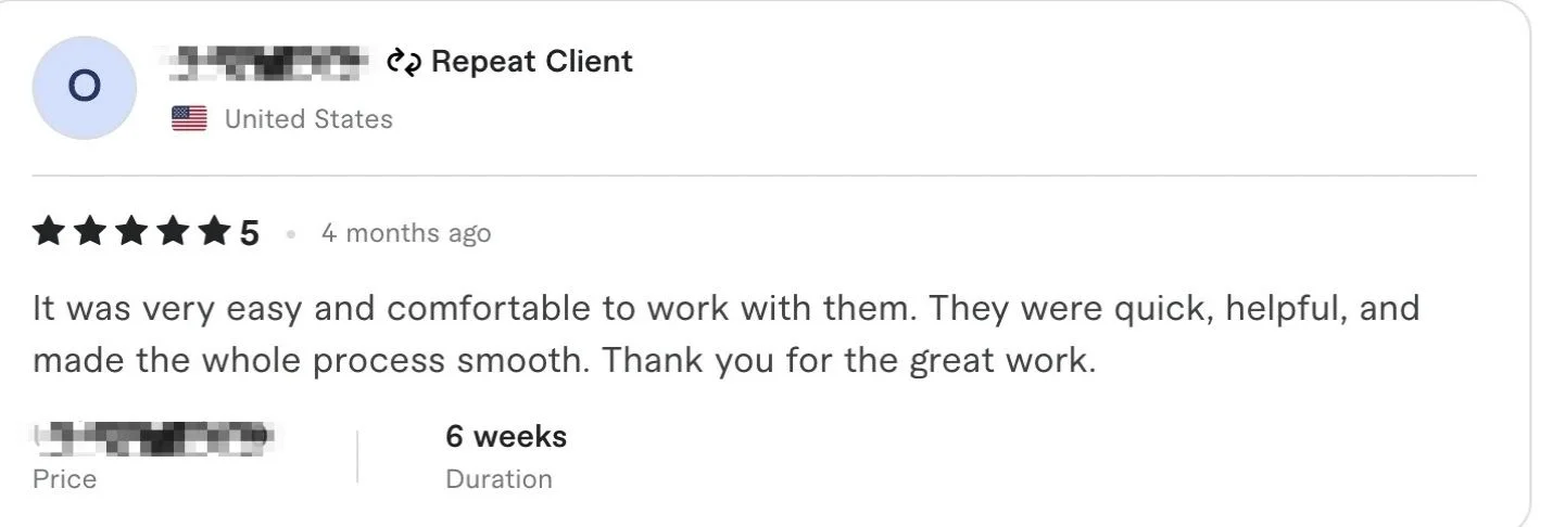 5-star client review from United States - It was very easy and comfortable to work with them, quick helpful and smooth process from repeat client