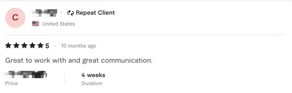 5-star client testimonial from United States - Great to work with and great communication from repeat client