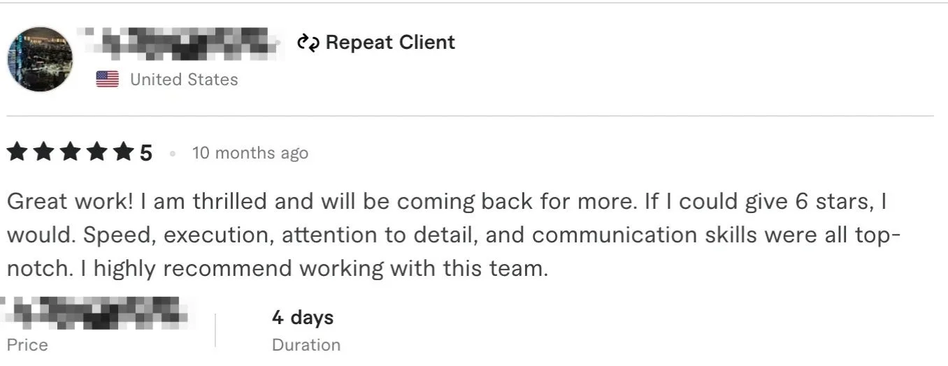 5-star testimonial - Great work and highly recommend this team for top-notch execution