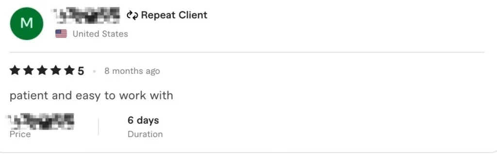 5-star client review from United States - patient and easy to work with from repeat client