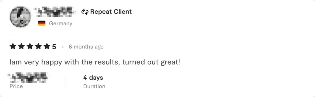 5-star client review from Germany - I am very happy with the results turned out great from repeat client