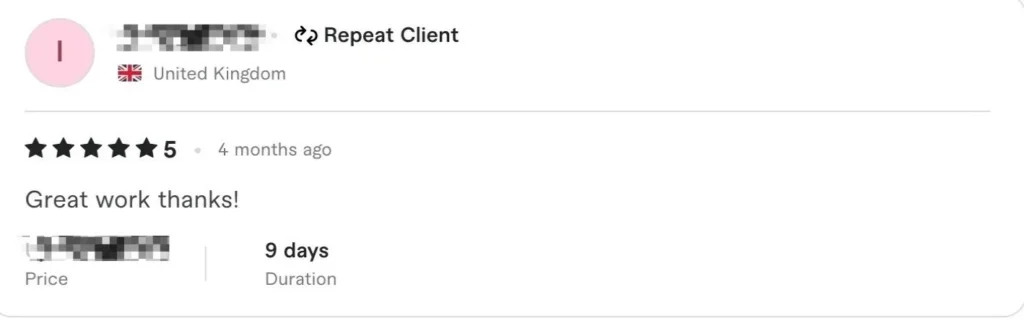 5-star client review - Great work thanks from repeat client in United Kingdom